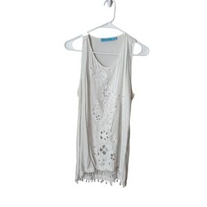 Solitaire Swim White Eyelet Embroidered Tassel Hem Sleeveless Tunic Cover Up S